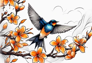 swallow flying off of branch with orange blossoms tattoo idea