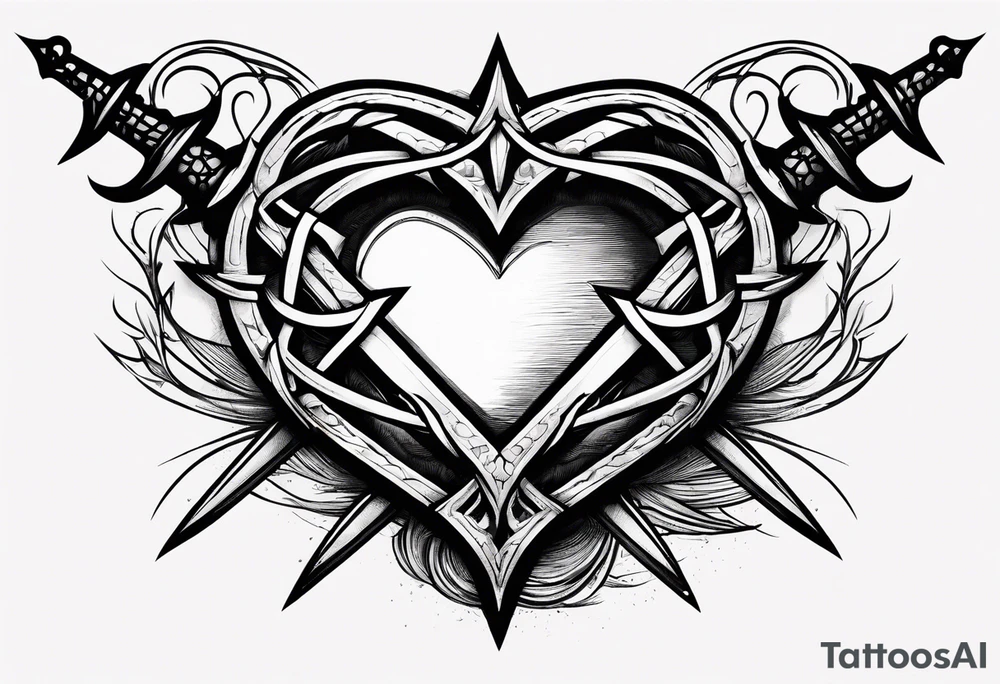 A simple design of a crown of thorns resting on the guard of a sword that is piercing a heart tattoo idea