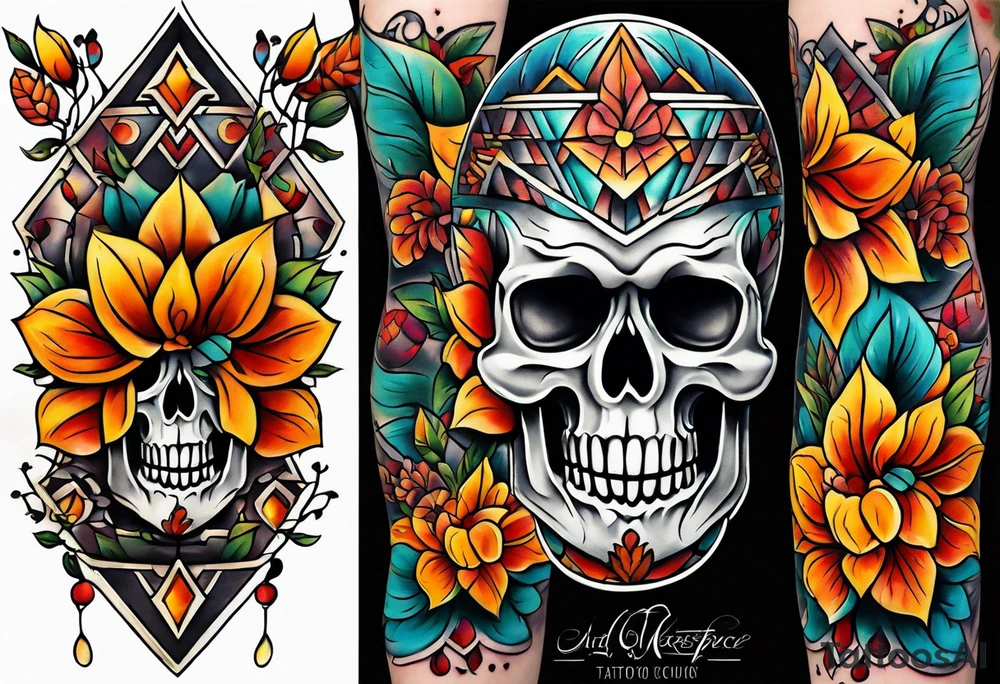 old school center knee tattoo with fall colors, flowers, skulls and geometric shapes. tattoo idea