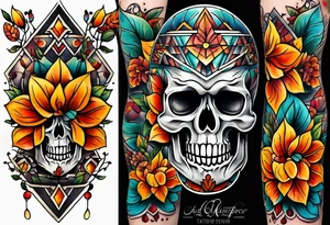 old school center knee tattoo with fall colors, flowers, skulls and geometric shapes. tattoo idea