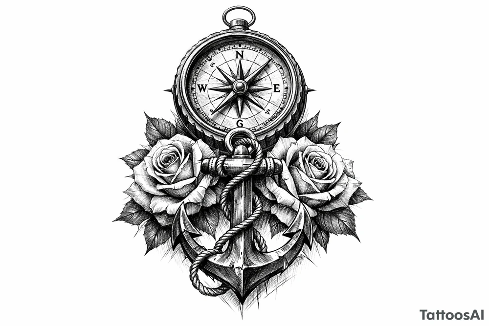 a compass under it an anchor and roses. tattoo idea