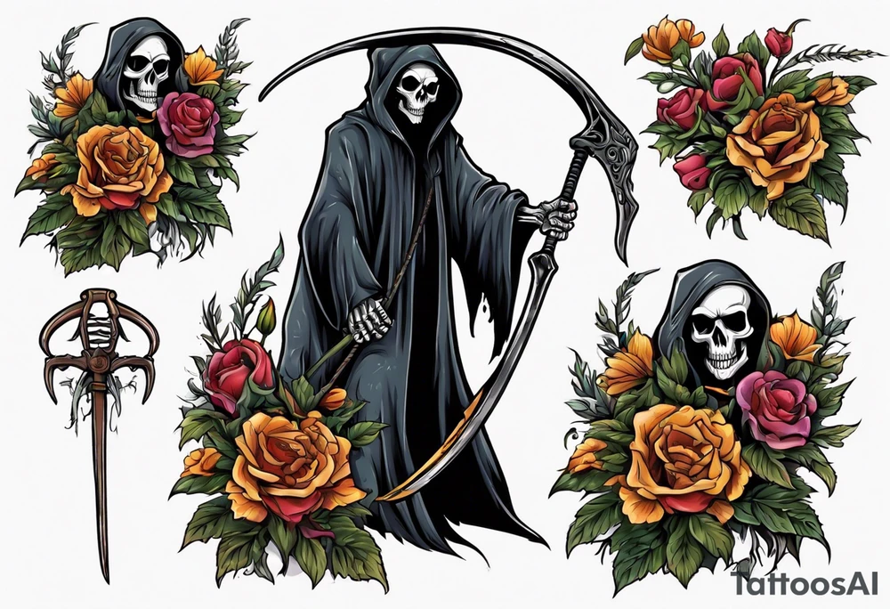 grim reaper holding scythe, flowers tattoo idea