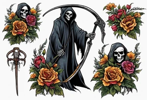 grim reaper holding scythe, flowers tattoo idea