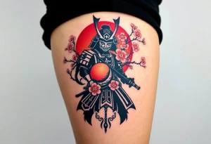 noble samurai warrior silhouette at sunset with cherry blossoms tattoo idea
