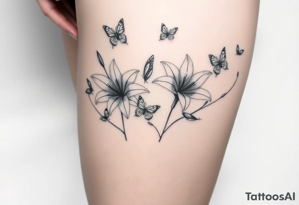 5 to 7 lily blooms in a natural stager with 2 that have petals floating off that gradually dissolve into butterflies in various stages of flight tattoo idea