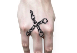 gothic chains intertwined on index finger and thumb connecting together as if you’re grabbing something tattoo idea