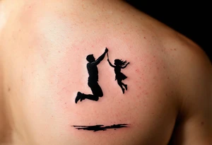 A bold black silhouette of a father swinging his daughter by the arms, mid-air, with ground shadow to enhance movement. tattoo idea