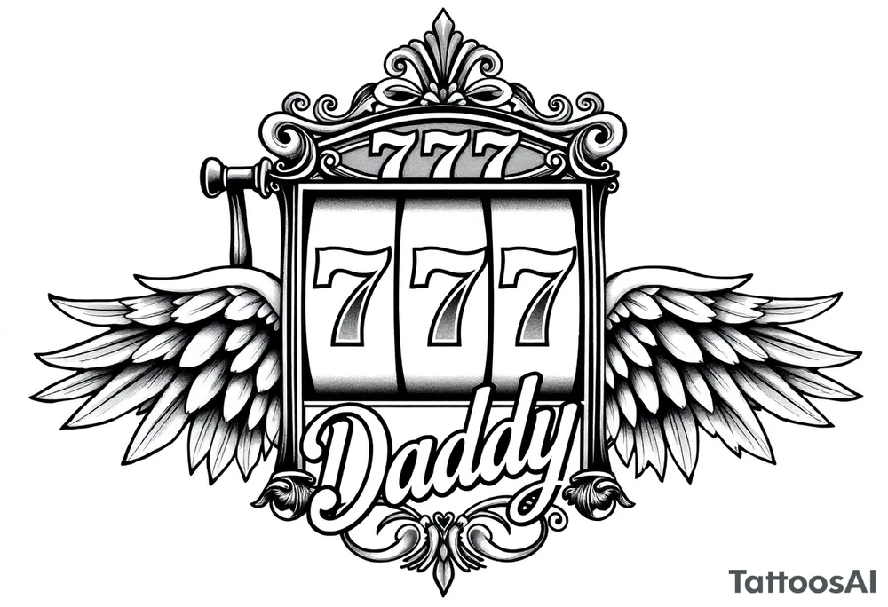 Slot machine with 777 and word Daddy with angel wings tattoo idea