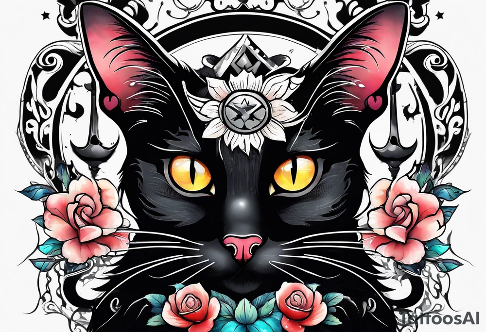 Black cat with a funny swrater ahirt tattoo idea