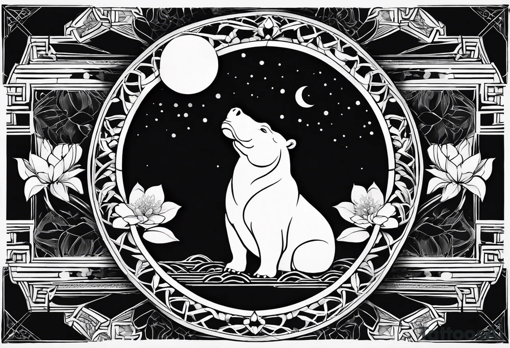 Very asymmetrical, +geometric pattern, with realistic full moon, with seeious looking hippo, +zen feel, + Buddhism touch, +tribal, +geometric
with wintersweet flower bud, +portrait orientation, +inkart touch, tattoo idea