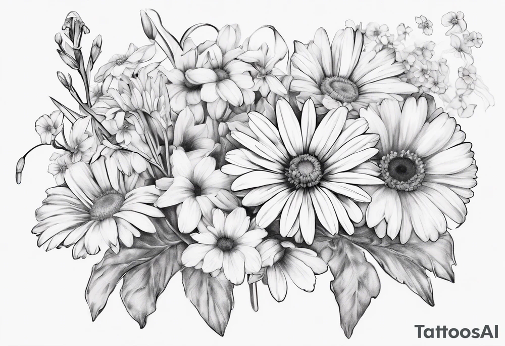 a fine line, dainty bouquet of a gerbera daisy, an iris, blue bells, and forget me nots, tied together with a small bow. no shading or realism. a small line work piece tattoo idea