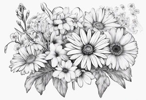 a fine line, dainty bouquet of a gerbera daisy, an iris, blue bells, and forget me nots, tied together with a small bow. no shading or realism. a small line work piece tattoo idea