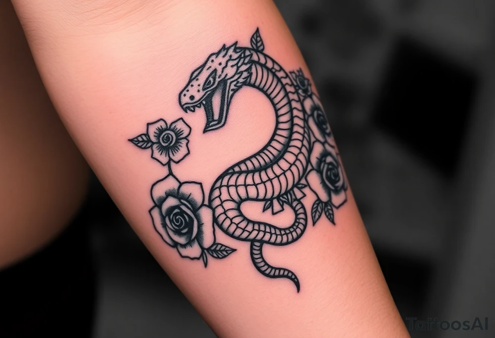 powerful majestic snake surrounded by rose ornaments tattoo idea