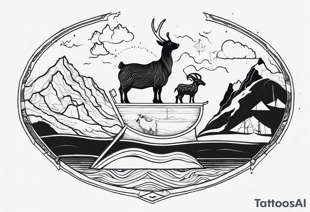 A badger, a goat and a reindeer on an ark inside the outlines of Map of Mallorca tattoo idea