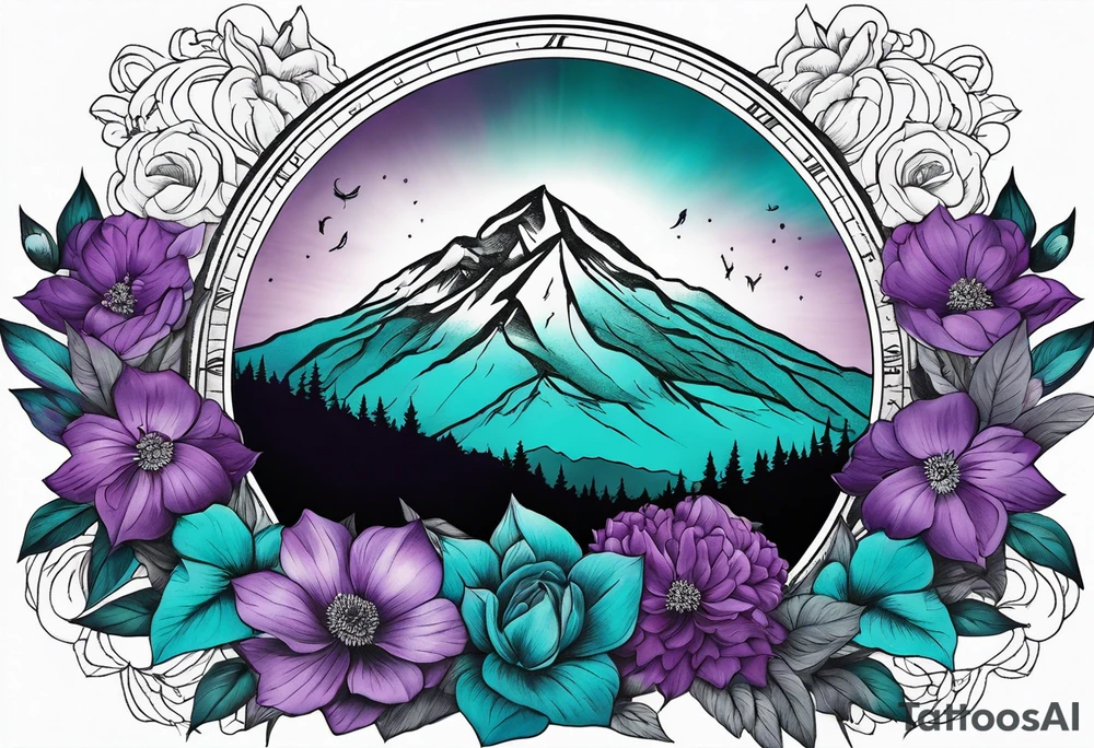 mountain in front of a compass rose 
with purple and teal sky, and purple and teal flowers in the foreground tattoo idea