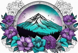 mountain in front of a compass rose 
with purple and teal sky, and purple and teal flowers in the foreground tattoo idea