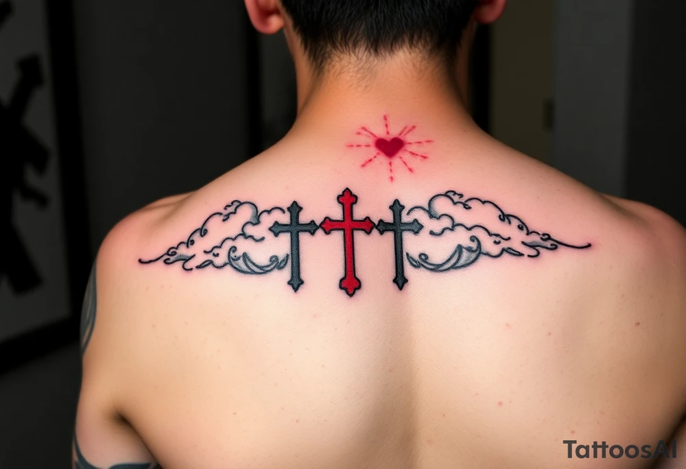 Red and black ink  tattoo on left inner arm with bible verse background clouds and 3 crosses one red in the middle of wrist  under a chosen wrist tattoo before the hand/palm tattoo idea