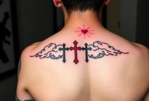 Red and black ink  tattoo on left inner arm with bible verse background clouds and 3 crosses one red in the middle of wrist  under a chosen wrist tattoo before the hand/palm tattoo idea