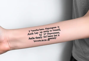 proverbs 26:25-26
He who hates, disguises it with his lips,And lays up deceit within himself,Their hatred may be concealed by deception,but their wickedness will be exposed in the assembly. tattoo idea