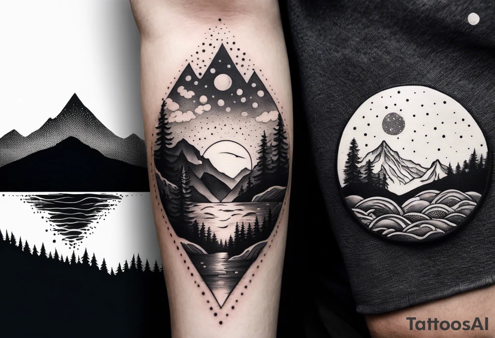nature with mountains, waterfall, water, and a father and son in the background and and moon/sun in the sky with stars tattoo idea