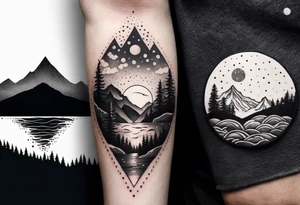 nature with mountains, waterfall, water, and a father and son in the background and and moon/sun in the sky with stars tattoo idea