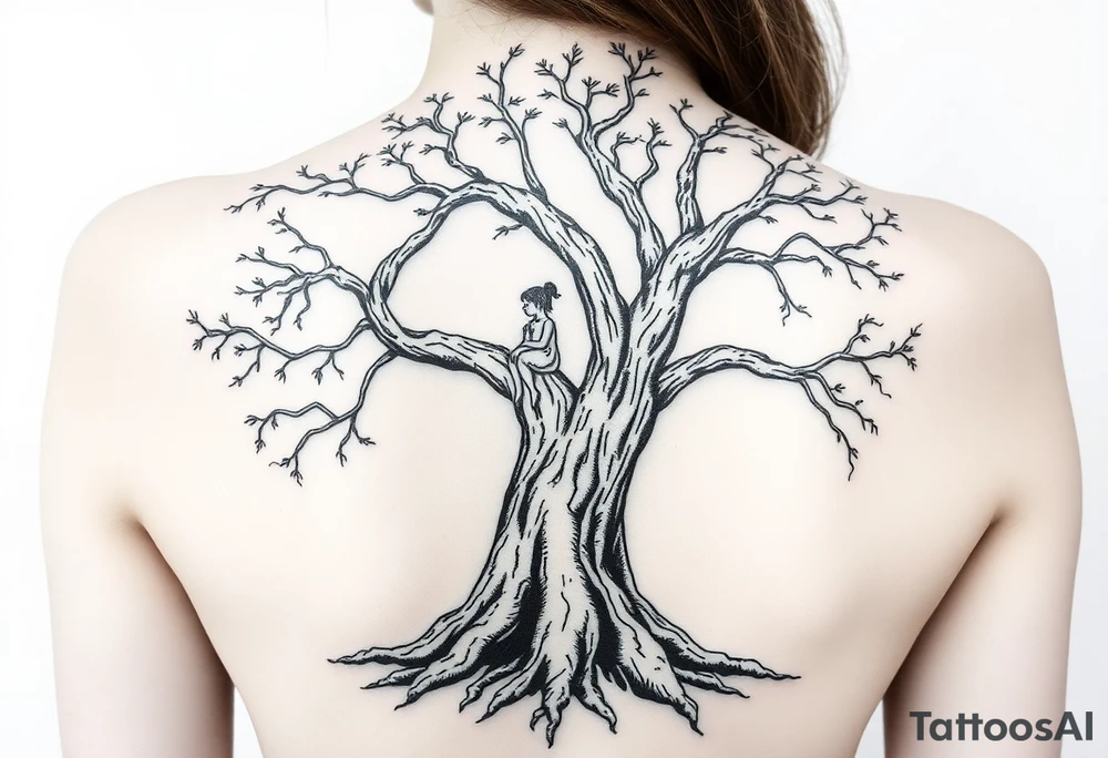 A strong and tall oak tree, with deep roots, with scratches and tears on the trunk. On a long branch, half way up the tree, sits a little girl and Jesus gazing into the distance. tattoo idea