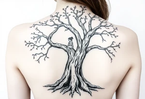 A strong and tall oak tree, with deep roots, with scratches and tears on the trunk. On a long branch, half way up the tree, sits a little girl and Jesus gazing into the distance. tattoo idea