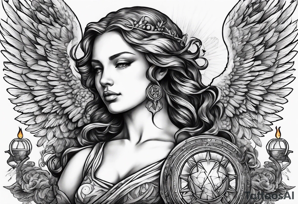 Angel with a torch showing the way with alchemy symbols in the background tattoo idea