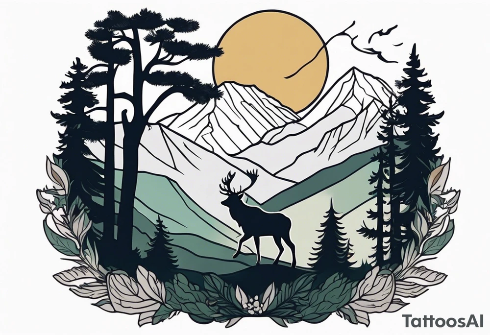 Hunter in the forest with dark mountains in the background under moonlight with elk deer and a cougar tattoo idea