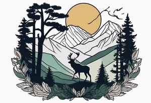 Hunter in the forest with dark mountains in the background under moonlight with elk deer and a cougar tattoo idea