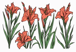 a single, thin, narrow gladiolus stalk. green leaves. coral-colored flowers with deep red centers. tattoo idea