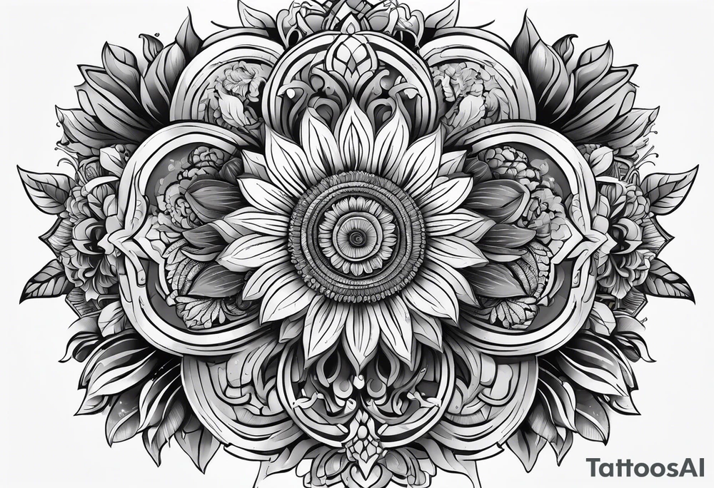 Bali gates of heaven black and grey with sunflower tattoo idea