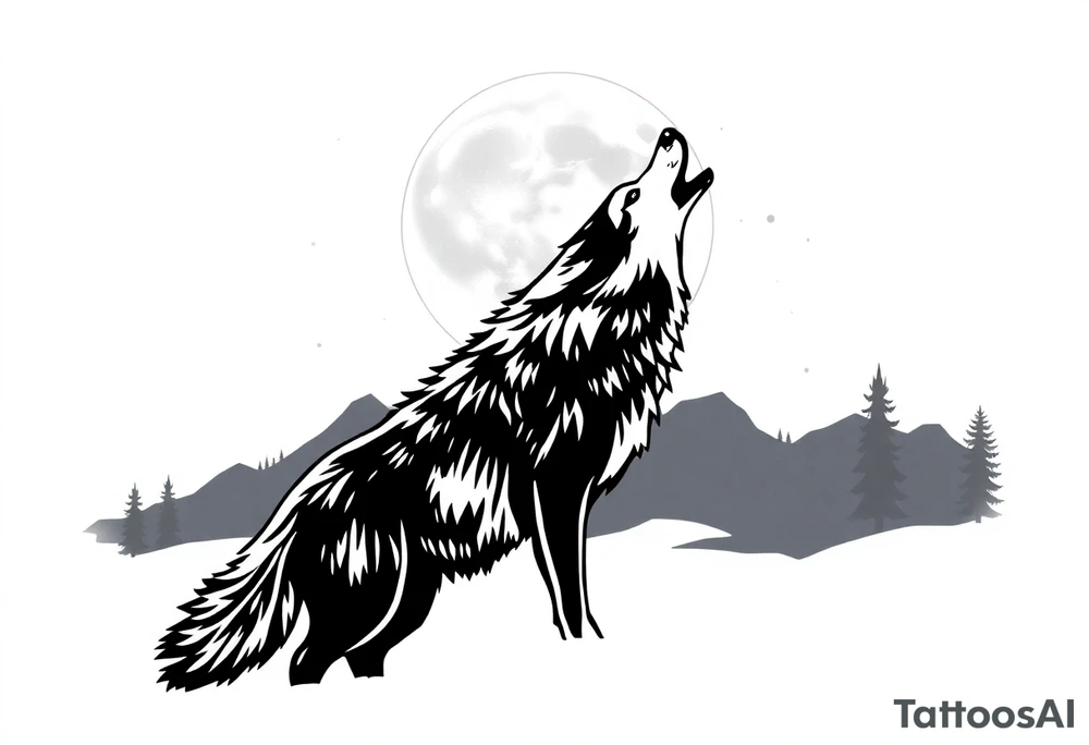 lone wolf howling at full moon with northern lights backdrop tattoo idea