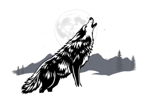 lone wolf howling at full moon with northern lights backdrop tattoo idea