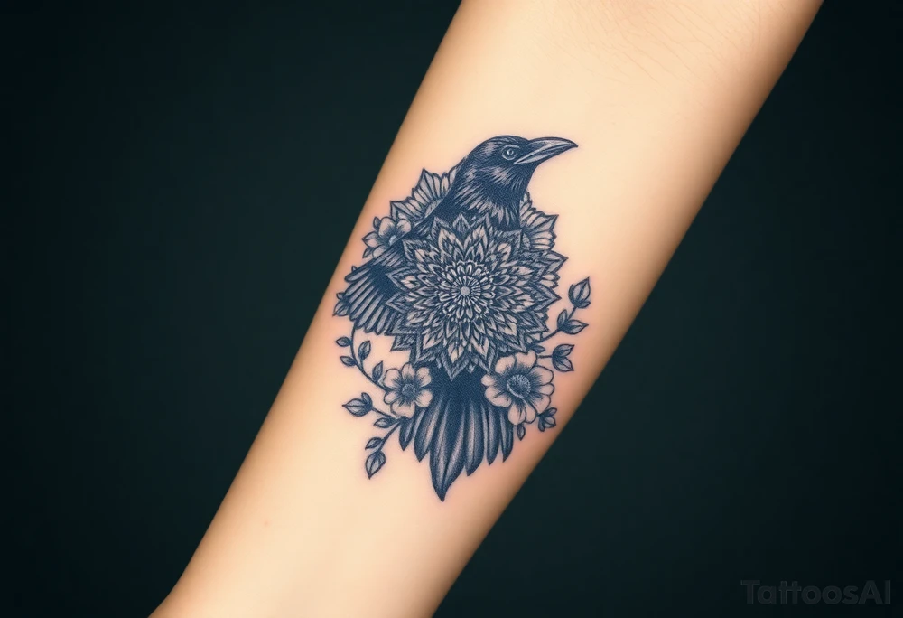 raven with mandala and flowers tattoo idea