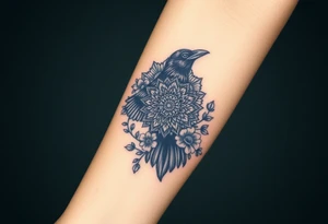 raven with mandala and flowers tattoo idea