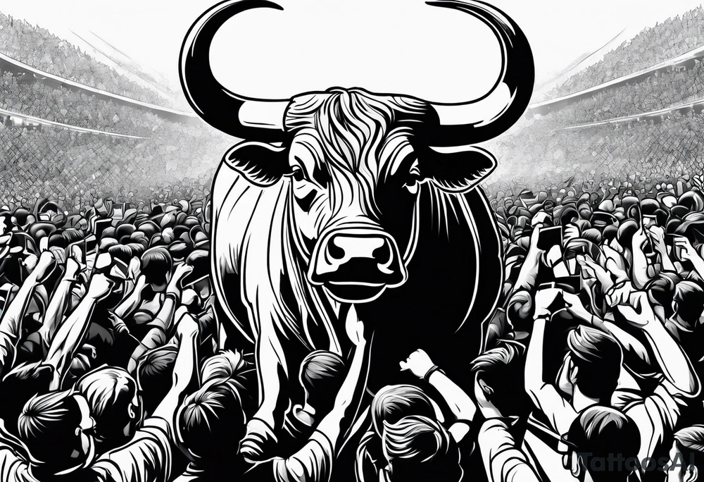 Large bull with horns busting through crowd of people tattoo idea