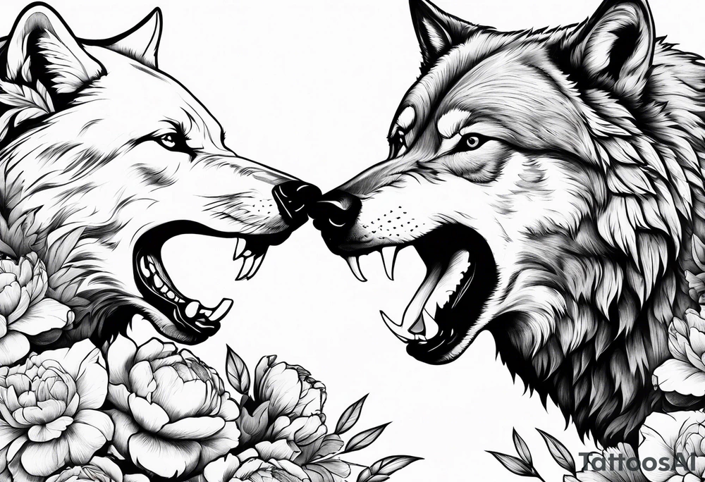 Wolf fighting with bear with peonies and smoke tattoo idea Wolf fighting with bear with peonies and smoke tattoo idea