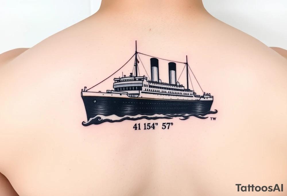 Ship image of Titanic with coordinates 41 43' 57" N 49 56' 49" W for forearm tattoo idea