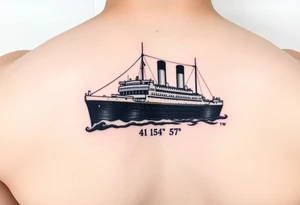 Ship image of Titanic with coordinates 41 43' 57" N 49 56' 49" W for forearm tattoo idea