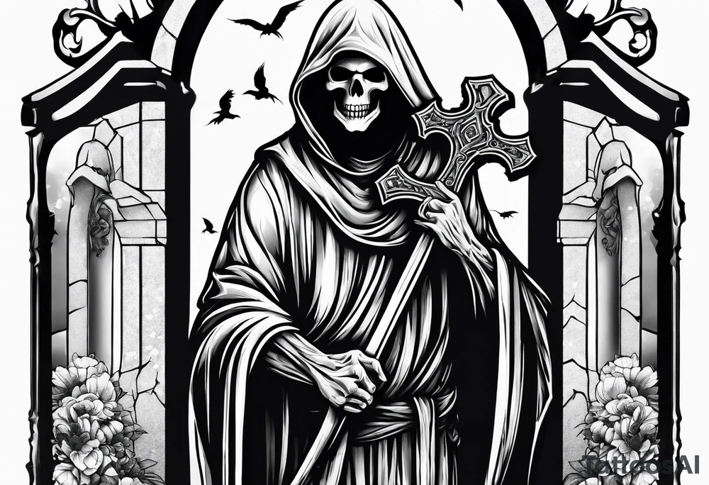 grim reaper walking cemetery tattoo idea
