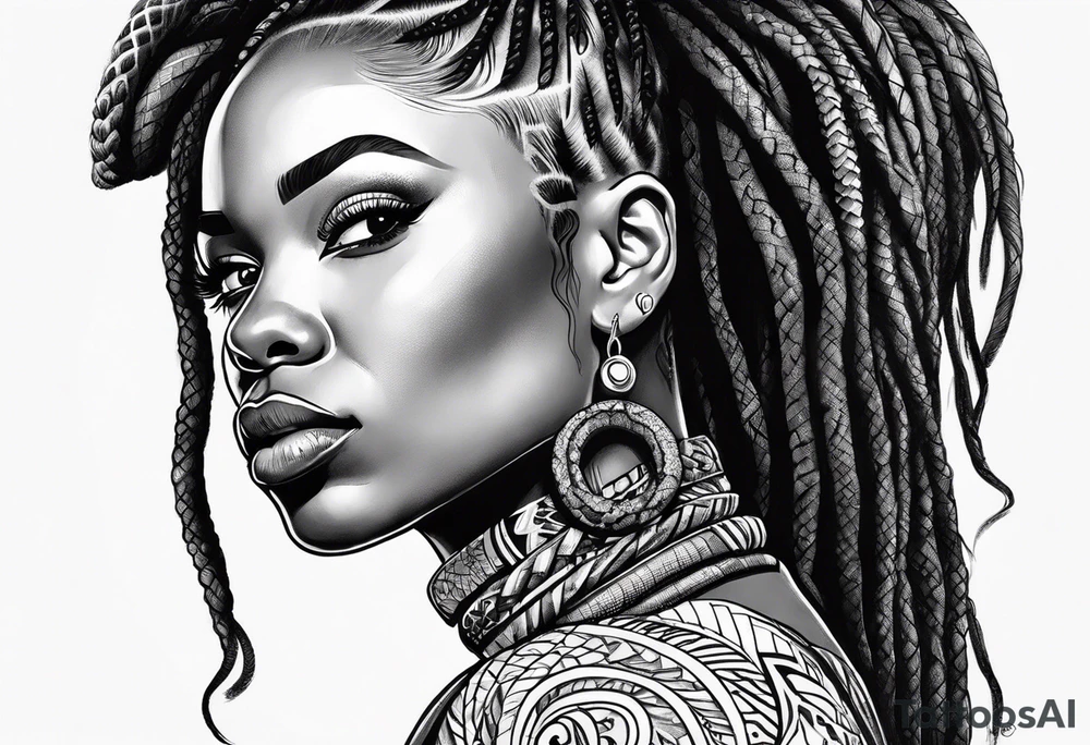 African woman  with snake dreads tattoo idea