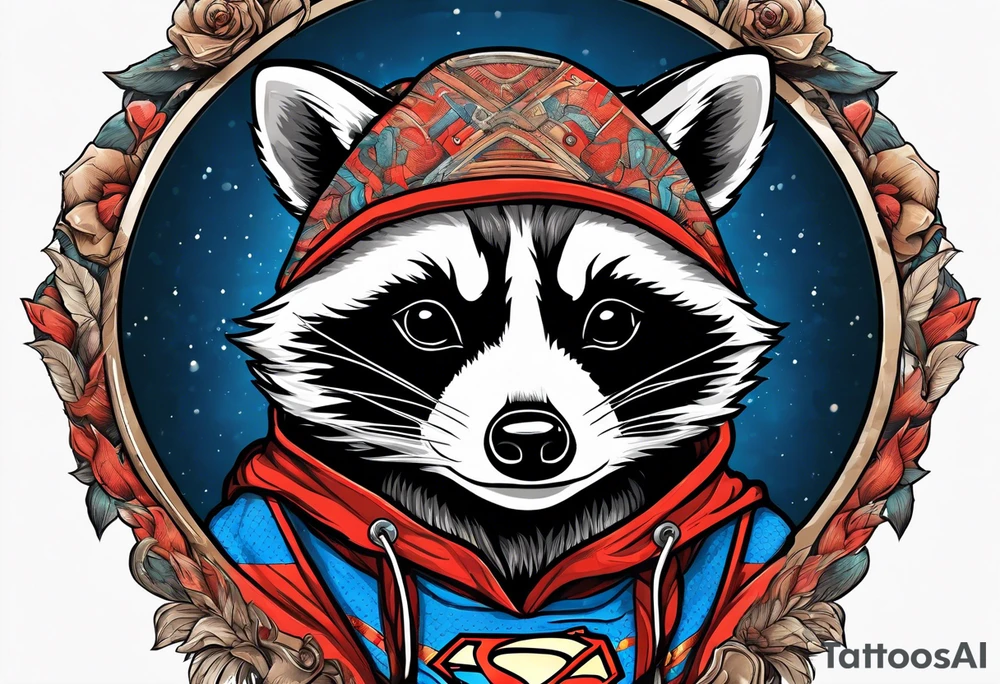 raccoon wearing a Superman hoodie tattoo idea