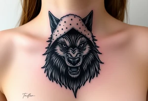 Big bad wolf nursery rhyme wearing a sheep costume with sheep head hood to kill and eat the three little pigs and little red riding hood in the woods tattoo idea