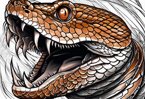 Copperhead with just the head turned up and mouth open, two fangs, black and white drawing with copper colored eye tattoo idea