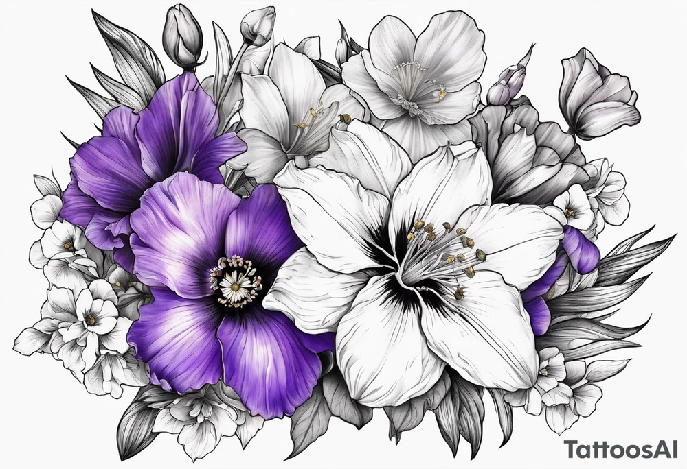 Tied flower bouquet with Violet, Daffodil, Gladiolus, Poppy, Cosmos tattoo idea