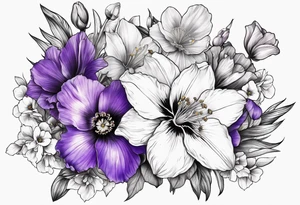 Tied flower bouquet with Violet, Daffodil, Gladiolus, Poppy, Cosmos tattoo idea