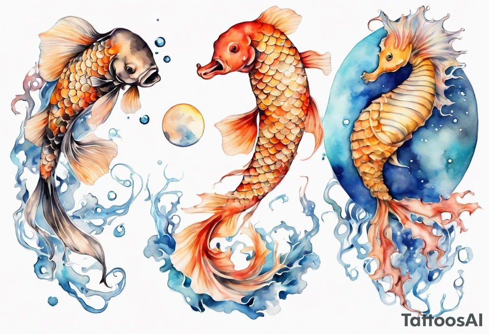 koi carp, jellyfish and a seahorse with the moon tattoo idea