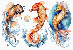 koi carp, jellyfish and a seahorse with the moon tattoo idea