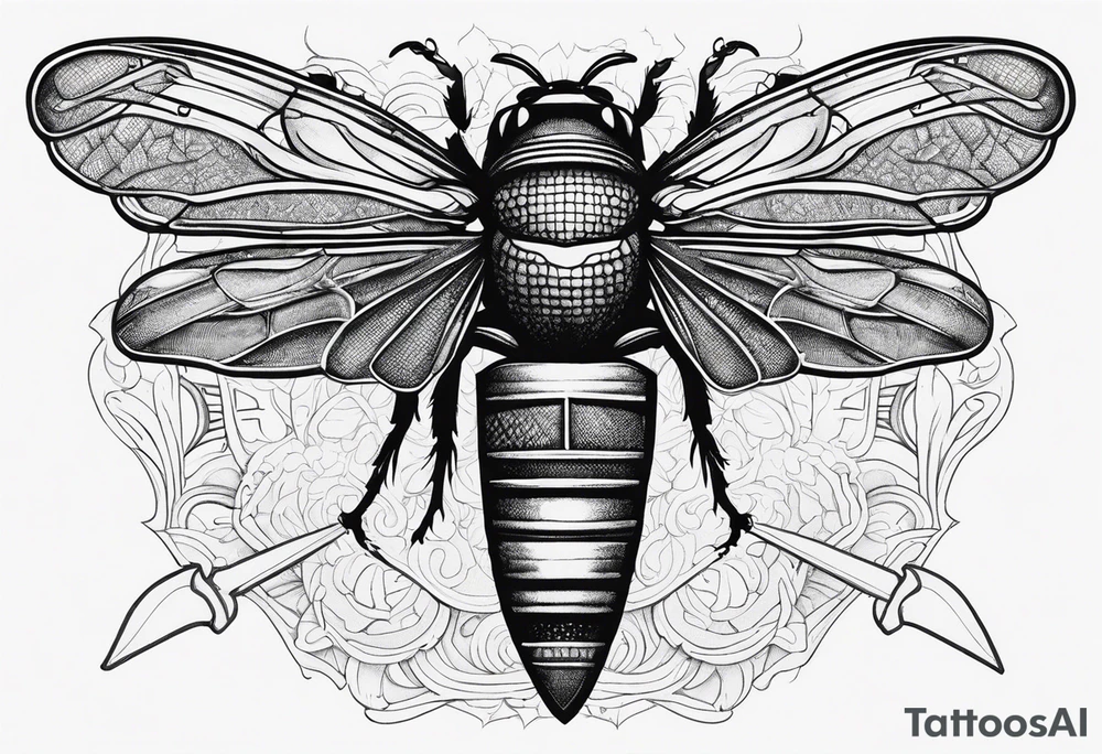 Cicada stippled and shaded with sword going through it tattoo idea